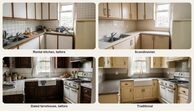 A rental kitchen before and after in Scandinavian style, and a dated farmhouse kitchen before and after in traditional style