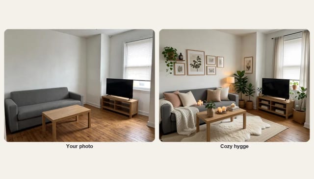 A plain living room and the same room decorated in cozy hygge style